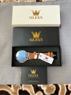 OLEVS Men's Blue Dial Brown Leather Watch